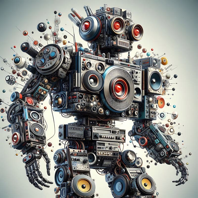Intricate Robot Constructed from Speakers, Electronics, and Vintage Audio Equipment. Generative A vector illustration