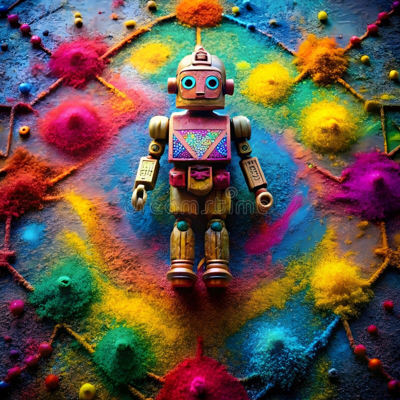 An intricate robot pattern made with colored powders, featuring detailed designs royalty free illustration