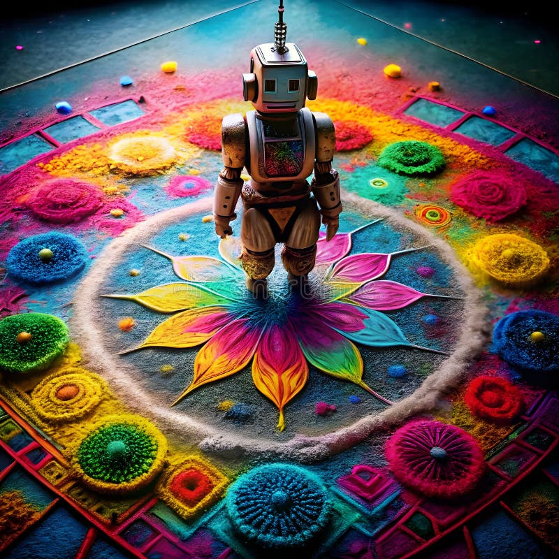 An intricate robot pattern made with colored powders, featuring detailed designs vector illustration