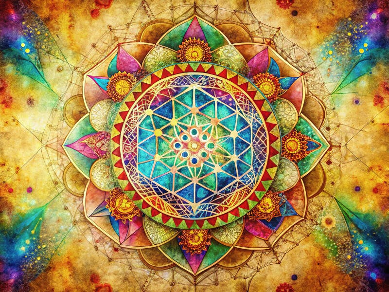 Intricate Sacred Geometry Patterns Dreamy and Vibrany on Textured Aged Paper A beeindruckende Visual Exploration of Geometry vektor abbildung
