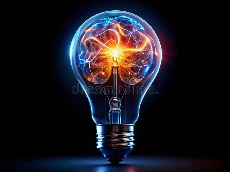 Intricate Silhouette of a Glowing Brain Circuit Within a Lightbulb A Symbolic Representation of Neural Networks and royalty free illustration