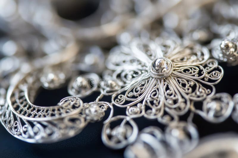 Intricate silver filigree jewelry glimmers with fine craftsmanship, revealing delicate patterns and textures stock photography