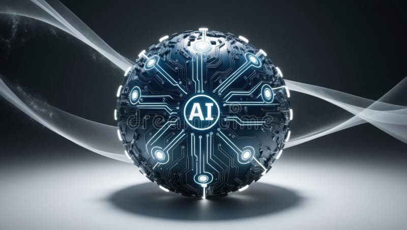 Intricate Sphere Adorned with Circuit Patterns Symbolizing Technology and Innovation Against a Soft Background Evoking Modernity stock illustration