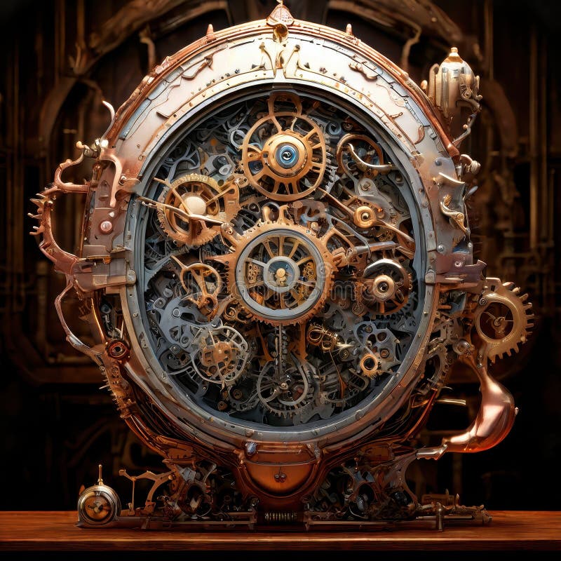 Intricate steampunk clockwork machine with gears stock photos