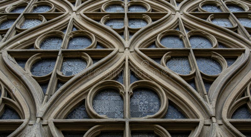 Intricate Stone Window Detail with Geometric Pattern stock illustration