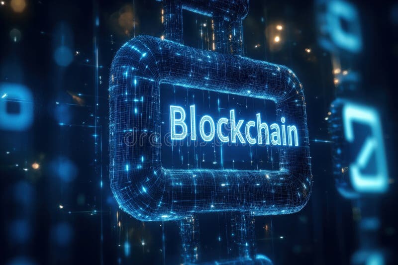 Exploring blockchain technology with intricate chain links and interconnected nodes stock illustration