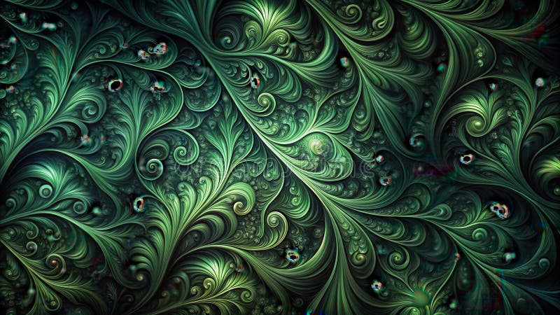 Intricate swirls of emerald and jade, a lush tapestry of organic forms, exhibiting a captivating fractal design. Generative AI stock illustration