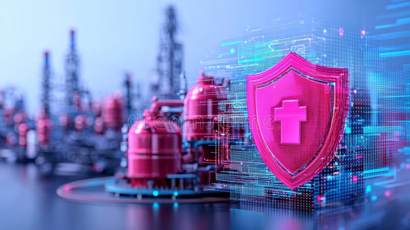 An intricate system of industrial pipelines, covered by a digital shield, symbolizing the defense of vital stock images