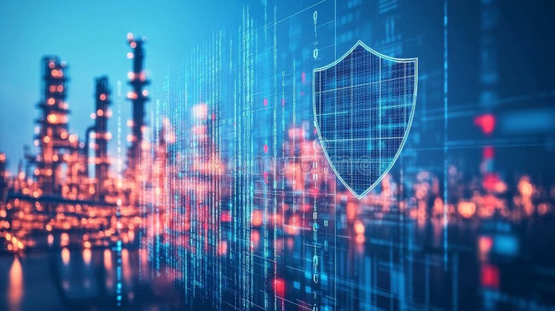 An intricate system of industrial pipelines, enhanced with a digital defense layer, symbolizing the security of vital stock photo