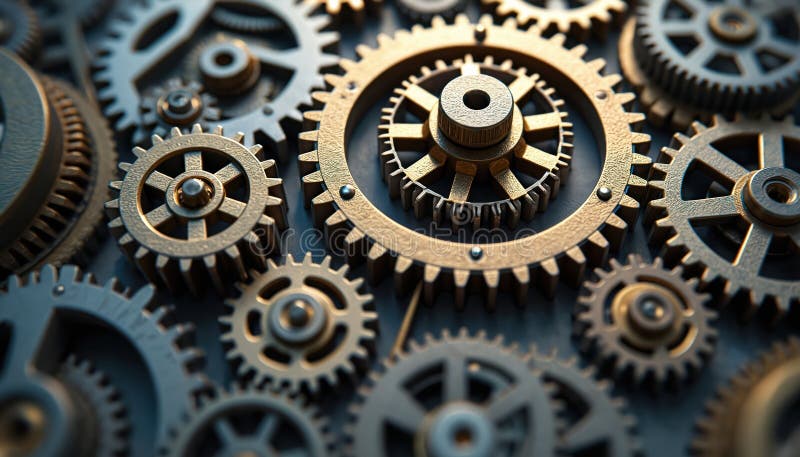 Intricate system of interconnected cogwheels complex thought processes. Turning gears mechanism in motion shows abstract idea of royalty free stock image