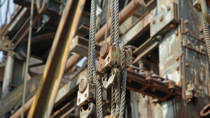 An intricate system of pulleys and ropes lifting building materials high into the air royalty free stock photography