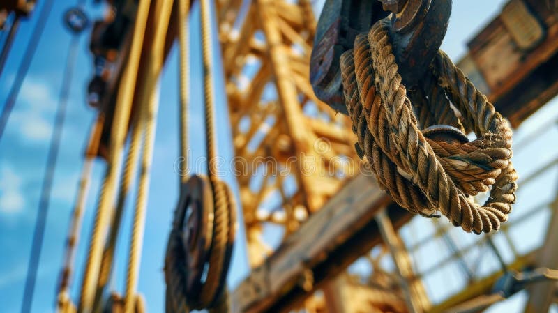 An intricate system of pulleys and ropes lifting building materials high into the air stock images