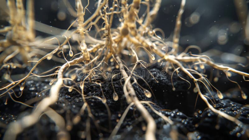 The intricate system of transparent threadlike roots from a plant intertwined with the slender threadlike bodies of stock photography