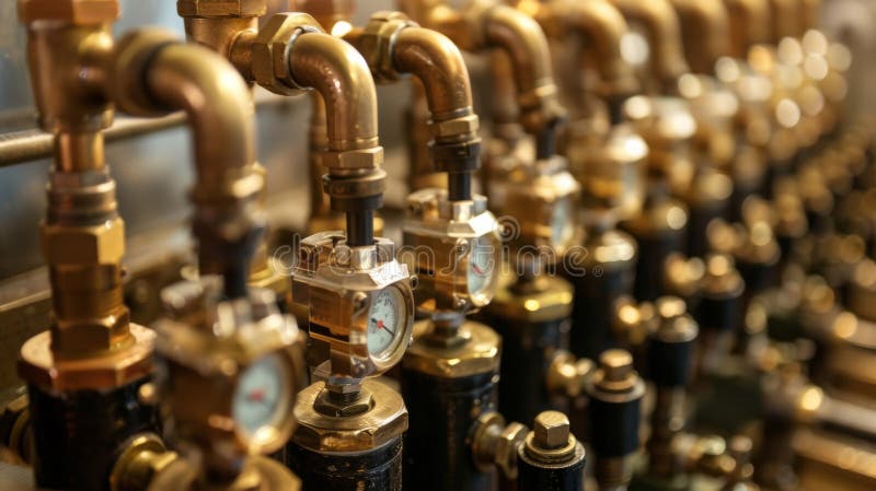 The intricate system of valves and switches controlling the flow of air and pressure within the machine stock images