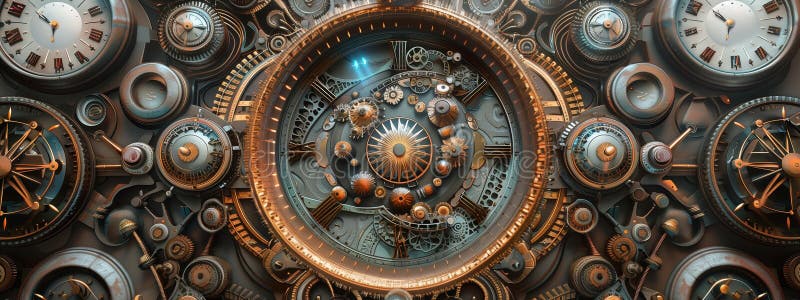 Intricate tapestry of clockwork mechanisms and luminous gears. royalty free illustration