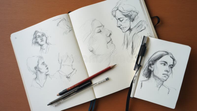 Intricate Unfinished Graphite Drawings in a Sketchbook With Portraits and Expressions Placed on a Wooden Table