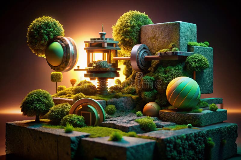 Intricate Vintage Mechanism Mossy Stone and Floating 3D Sculptures Eine detaillierte SepiaToned Artistic Komposition stock abbildung