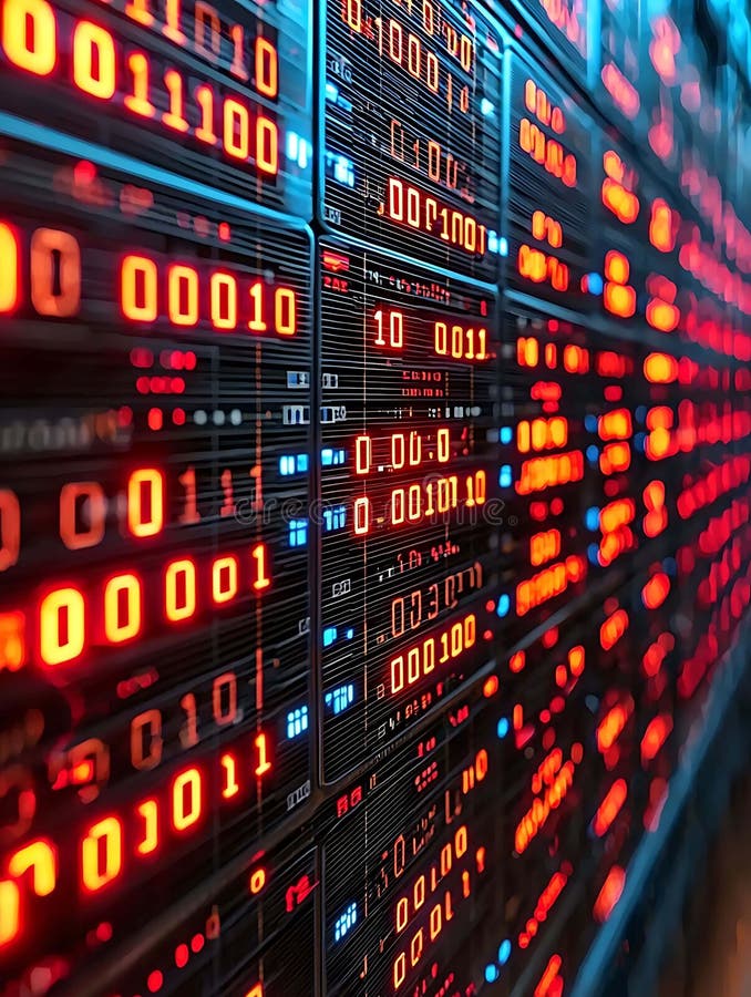 Intricate wall of glowing digital displays, showcasing binary code and numerical data streams. A captivating metaphor for big data, technology, and the digital age. AI generated