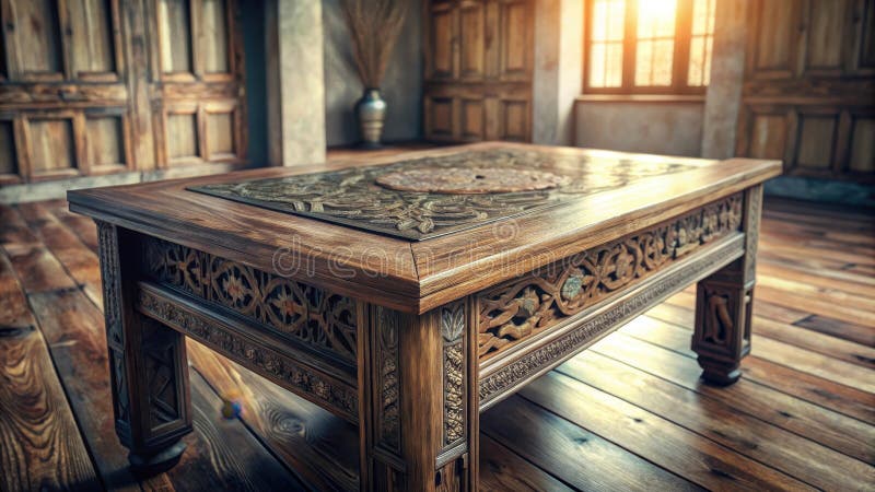Intricate wood carving adorns a richly detailed coffee table in a sunlit room. Generative AI vector illustration