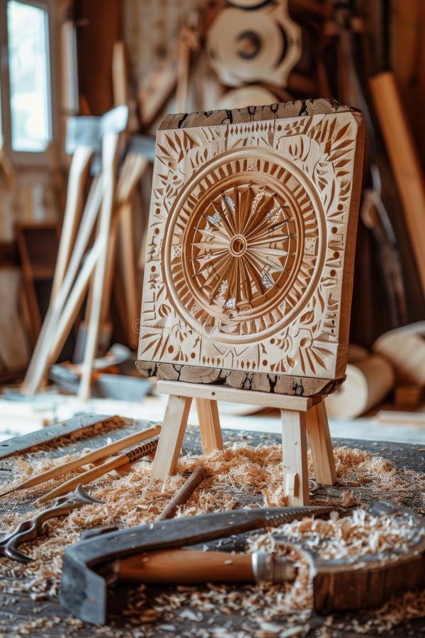 Intricate wood carving displayed on easel in rustic workshop setting royalty free illustration