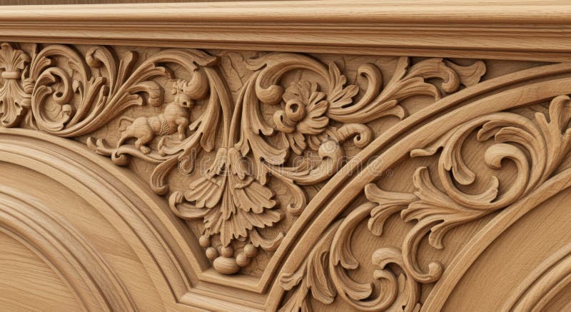 Intricate Wood Carving with Floral and Animal Motifs royalty free illustration