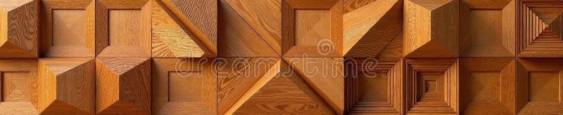 Intricate wood geometric shapes form wall paneling , interior, wooden, rustic stock illustration