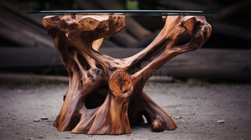 Intricate Woodwork Glass Top End Table With Rustic Abstraction royalty free illustration