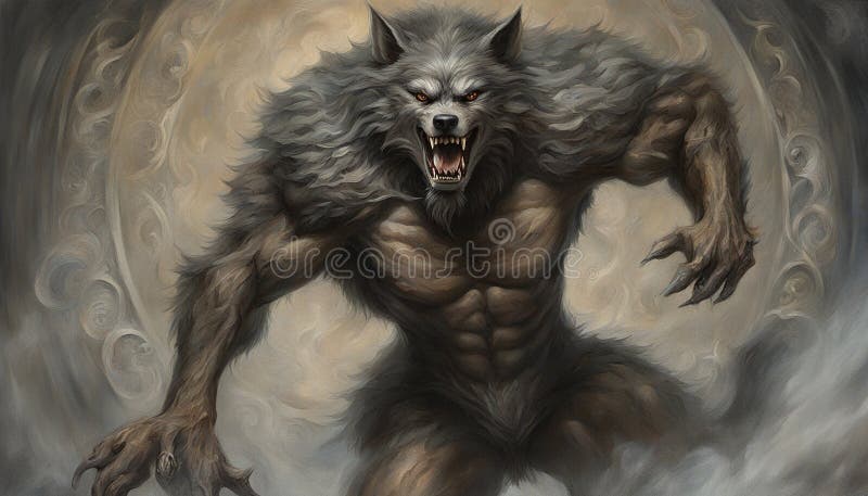 In an intricately composed tableau, a regal werewolf emerges, its form a breathtaking vector illustration