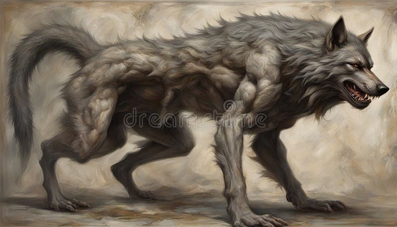 In an intricately composed tableau, a regal werewolf emerges, its form a breathtaking stock illustration