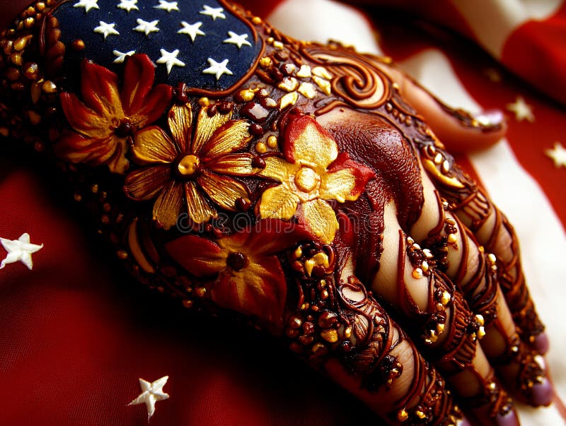 Intricato Henna Hand Design Red Gold Floral American Flag art body image macro tatuaggio brida unico illustrazione di stock