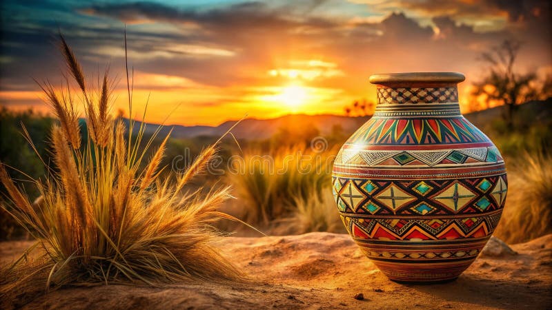 Intricato Vase Geometrico Nativo-Americano Di Argilla Nativa Un Design Di Tramonto Splendido Che Mostra L'Arte Tradizionale Di Pot illustrazione di stock