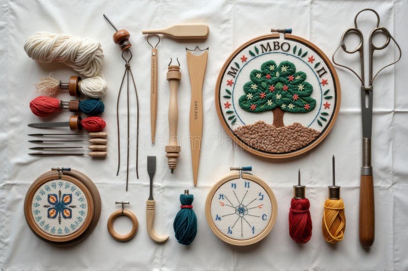 Intricera broderiverktyg och färgade trådar med broderade hakar på vit vävnad royaltyfria bilder