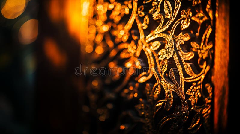 Intricera Golden Floral Wood Carving Design Bakgrund Texturkonst mörkrik varm båt brunt ljus royaltyfri illustrationer