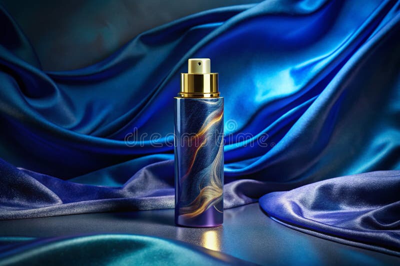 Avvincente Spray Corpo Blu Profondo su Seta Lussuosa: Un'Esplorazione Fotografica Surreale di Opulenza e Texture illustrazione di stock