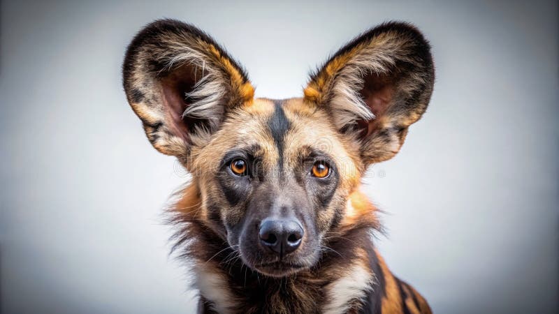 Intriguing CloseUp Portrait of a Wild Dog Striking Patterns Large Ears and Untamed Beauty stock illustration