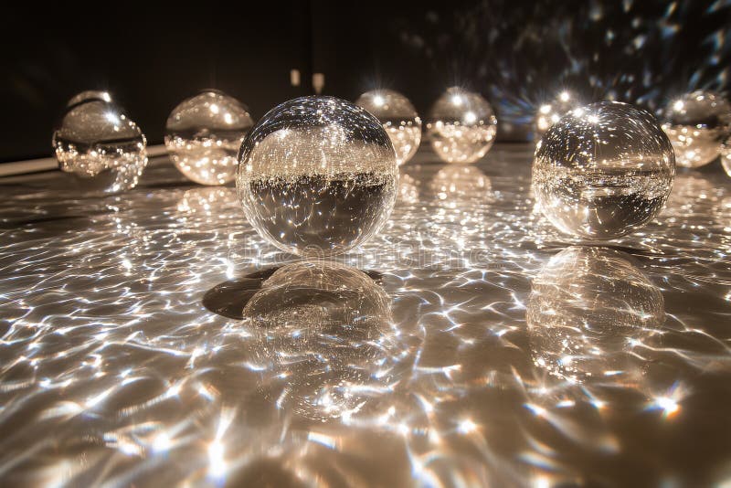 Intriguing display of inverted gravity wells with small glowing spheres reflecting shimmering light in dimmed room stock images