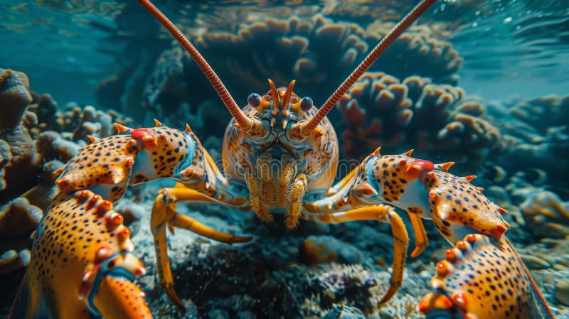 Intriguing Underside View of Lobster, Highlighting Legs and Underside from Unconventional Angle. AI generated