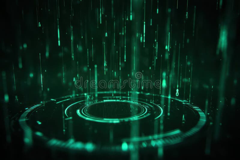 Advanced AI Intelligence Core Surrounded by Streaming Data in Futuristic Environment stock photo