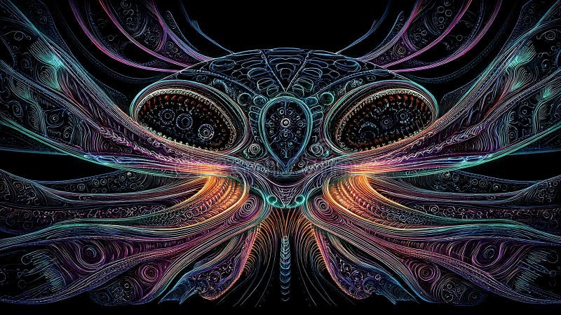 Intrikera abstrakt design som liknar ett symmetriskt framtidsperspektiv eller mask. royaltyfri illustrationer