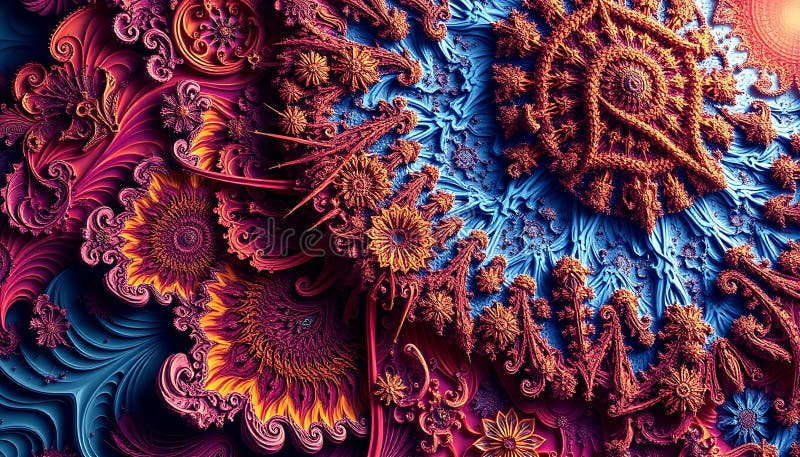 Intrikera en abstrakt fractal design med klara färger och vridningar Generativ AI. En komplex ramdesign med snabba mönster och klara färger en digital grafik med matematisk skönhet och komplex Generativ AI