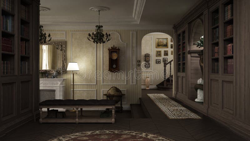 Intérieur classique, lobby avec la cheminée illustration stock Intérieur classique, lobby avec la cheminée illustration stock