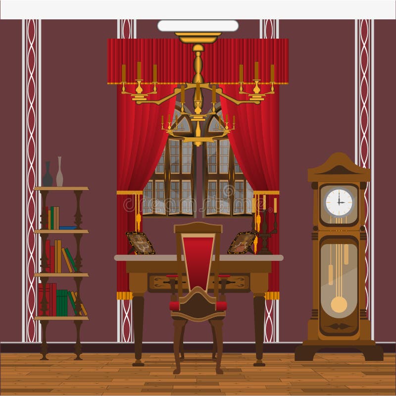 Intérieur de Cabinet ou de salon avec la grande fenêtre et la grande horloge illustration libre de droits Intérieur de Cabinet ou de salon avec la grande fenêtre et la grande horloge illustration libre de droits