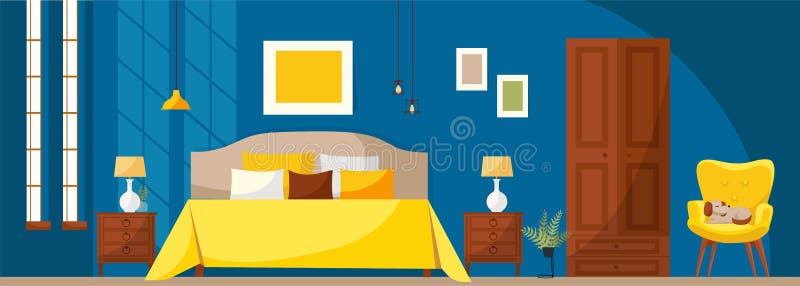 Intérieur de chambre à coucher avec un lit, des nightstands, une garde-robe, un fauteuil mou jaune, un mur bleu-foncé et des fenê illustration stock Intérieur de chambre à coucher avec un lit, des nightstands, une garde-robe, un fauteuil mou jaune, un mur bleu-foncé et des fenê illustration stock