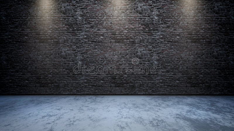 intérieur de la pièce 3D avec le mur de briques avec des projecteurs brillant vers le bas illustration libre de droits intérieur de la pièce 3D avec le mur de briques avec des projecteurs brillant vers le bas illustration libre de droits