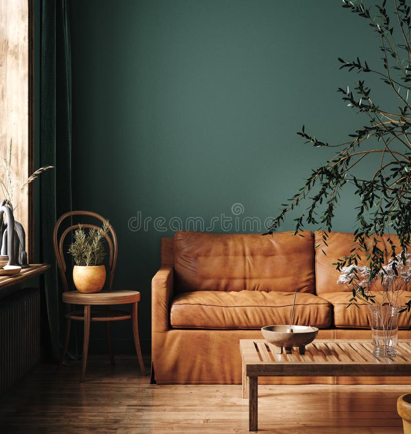 Intérieur de maison vert foncé avec mobilier rétro ancien illustration de vecteur