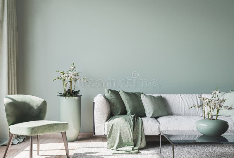 Intérieur de salon avec dérision cadre vers le haut des meubles modernes et des accessoires à la maison à la mode