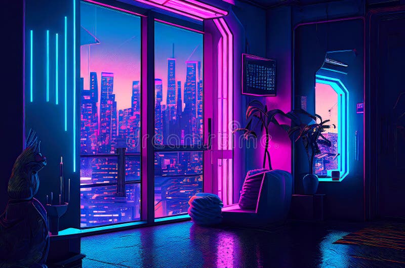 Intérieur futuriste avec vue sur megapolis cyberpunk dystopique derrière la fenêtre. néons et futur. illustration d'ai générative