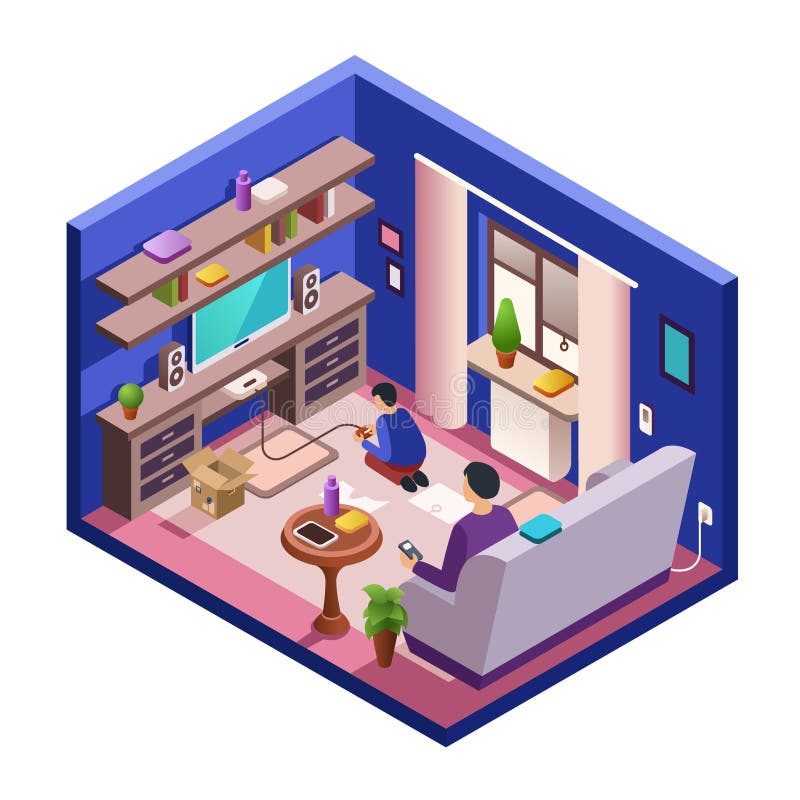 Intérieur isométrique de salon de vecteur avec des personnes illustration stock Intérieur isométrique de salon de vecteur avec des personnes illustration stock