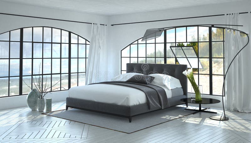 Intérieur lumineux et bien aéré moderne de chambre à coucher photos libres de droits Intérieur lumineux et bien aéré moderne de chambre à coucher photos libres de droits