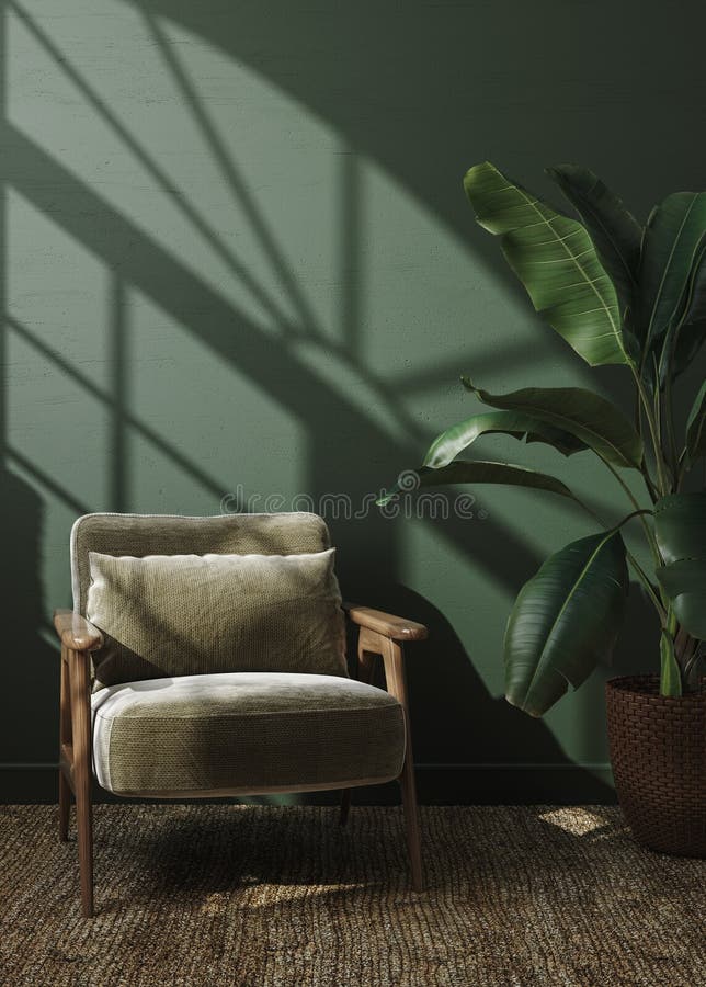 Intérieur maison avec fauteuil et salon vert foncé fleuri illustration stock